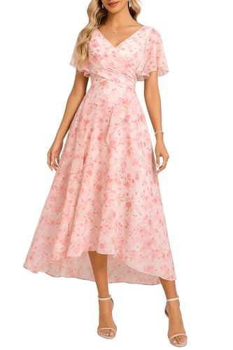 FEMI SEMI Womens Floral A-Line Ruffle Midi Party Dress Wrap V Neck Flutter Sleeve High-Low Flowy Cocktail Dress (Pink Floral XL)