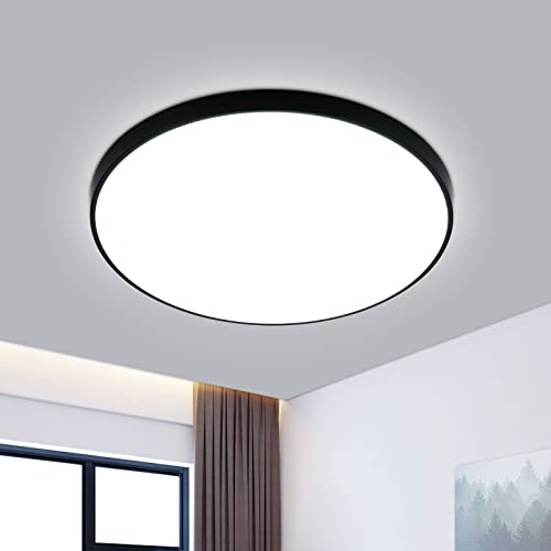 Plafonnier LED Rond, 24W 6500K Blanc froid Moderne Plafonnier Led Noir IP54 Imperméable,Lampe de Plafond Led pour Salle de Bain, Salon, Cuisine, Chambre, Couloir Ø 27cm Cover