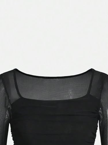 Image of Floerns Girls Bell Long Sleeve Square Neck Asymmetrical Hem Mesh Ruched Crop Tops Tees