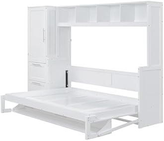 Full Size Murphy Bed Cabinet with Closet and Drawers,Hidden Folding Wall Bed Frame,Wood Platform Bed Chest,Space-Saving,Easy Assembly,for Bedroom,Guest Room,Home,Office,White