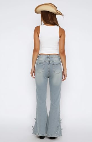 Women Bell Bottom Jeans Lace Up Bow Stretch Flare Denim Pants Cute Y2k Vintage Clothes3