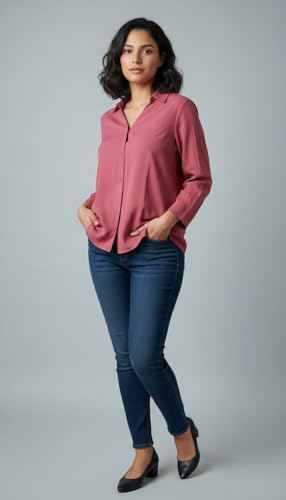 Image of Women's Button-Down Shirt, Long Sleeve, Collared Blouse, Relaxed Fit, Casual and Office Wear