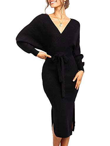 Saodimallsu Damen V-Ausschnitt Pulloverkleid Strickkleid Langarm Pullover Schlitz Offener Rücken Figurbetontes Kleid mit Gürtel für Herbst Winter...