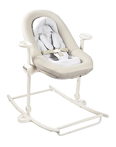 BÉABA, Transat bebe, Transat Up&Down Plus, 4 hauteurs, 3 inclinaisons, Réglable par simple pression, Pliable, Reducteur Naissance,Assise 100% Coton,Finition Premium, Harnais 5 points, Breveté, Greige
