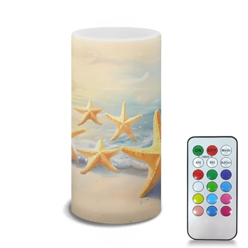 Image of Flameless LED Candles Battery Operated Candle with Remote Timer Color Changing Control Long Lasting Pillar Candle Tealights for Indoor Outdoor Decoration, Coastal Gold Starfish
