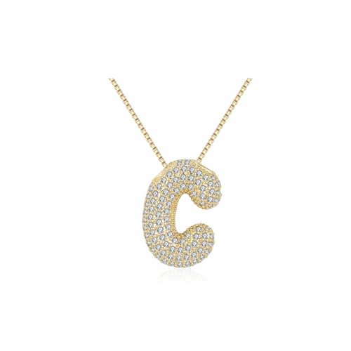 DIOWUS Bubble Letter Necklace Gold for Women，Charm Balloon Initial Letter Pendant Zirconia Inlaid Necklaces Fashion Gifts Jewelry (bubble letter-C)