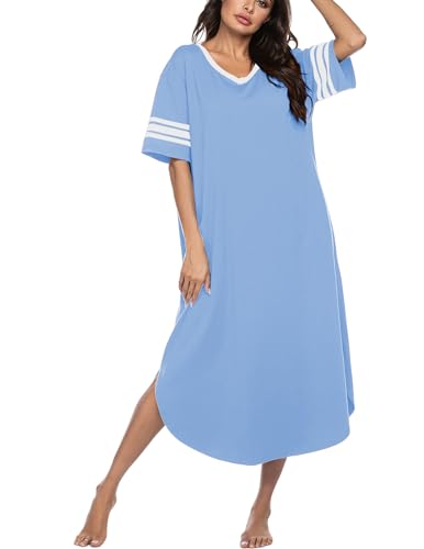 Image of Ekouaer Long Nightgown, Womens V Neck Loungewear Oversized Sleepwear Loose Sleep Dress S-4XL