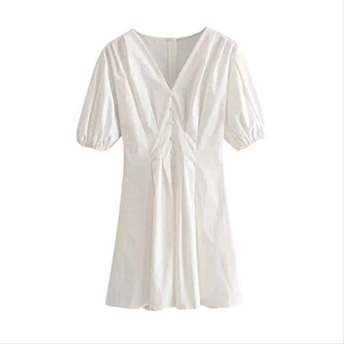 Preisvergleich Produktbild QUNLIANYI Lässiges Weißes Minikleid mit V-Ausschnitt Damenlaterne Kurzarm Elegantes Faltenkleid Sommer A Linie Kleid aus Massiver Baumwolle Mujer M