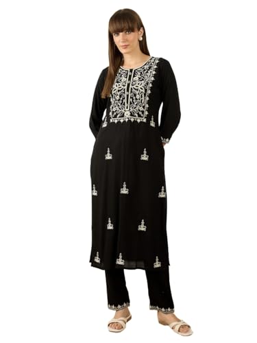 Image of INDO ERA Women's Viscose Rayon Floral Embroidered Straight Calf Length Kurta & Pant Set (IEAI11741)