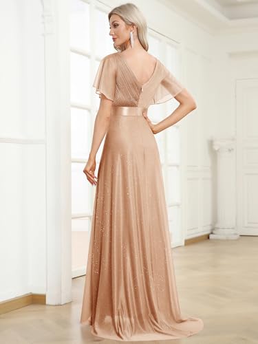 Image of Ever-Pretty Women's Summer Glitter Formal Dresses Evening Gown V Neck Short Sleeves Floor Length Mother of Bride Dress 50159