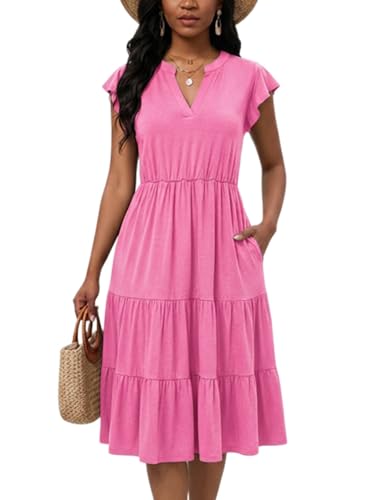 Image of Womens Summer Dress Ruffle Sleeve V Neck Midi Dresses Casual Fit Flowy Tiered Boho Beach Vacation Sundress