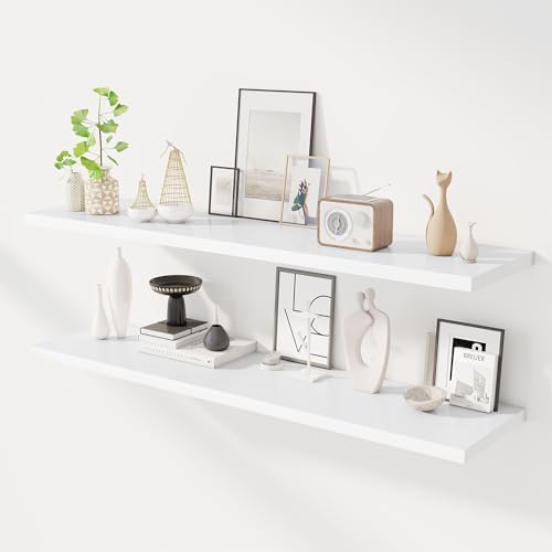 Image of Dreamland 55 inch Floating Shelves for Wall, 12 inch Deep Slim White Floating Shelves, Wall-Mounted Shelves for Bedroom, Living Room, Kitchen, Bathroom - Set of 2