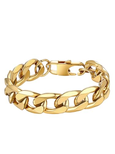 PROSTEEL Gourmette Homme 19cm Plaqué Or Chaîne Bracelet à Maille Cubaine Grosse 13mm