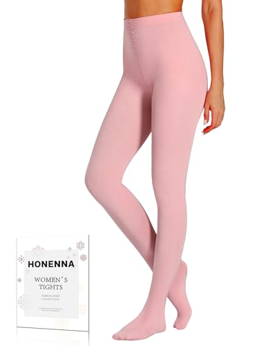 HONENNA Colorful Womens Fleece Lined Tights High Waisted Opaque Winter Thermal Pantyhose, Pink M-L