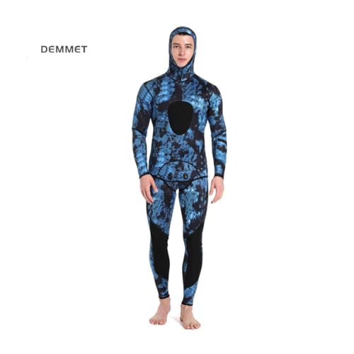 3mm Neoprene Spearfishing Wetsuit with Hooded, 2-Pieces Long Sleeve Camouflage Hunting Diving Suit with Chest Pad for Cool Water Snorkeling Freediving (Blue, Medium)