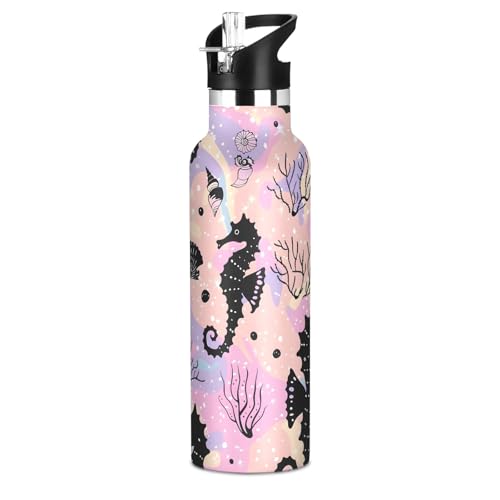Botella de agua deportiva para niños, diseño de caballito de mar, estrella, conchas marinas, aislada, de acero inoxidable, con popote