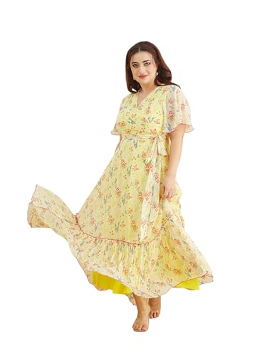 Image of Miss Chase A+ Women's Bohemian V-Neck Flutter Sleeve Chiffon Relaxed Fit Wrap Maxi Dress