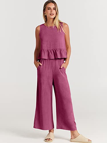 Image of ANRABESS Women's Summer 2 Piece Outfits Sleeveless Tank Crop Button Back Top Cropped Wide Leg Pants Set Pockets, Fuchsia, Small