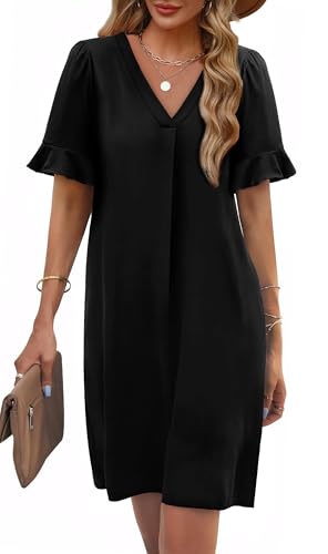 Image of OFEEFAN Summer Dresses for Women Ruffle Short Sleeve V Neck Casual Shift Dress with Pockets