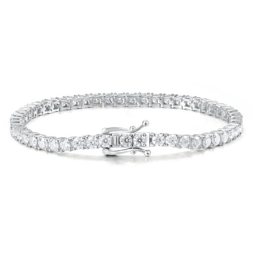 Moissanite Tennis Bracelet for Women - 18K White Gold Plated Silver - 2mm 3mm 4mm 5mm D Color VVS1 Moissanite - Double Safety Clasp,Hypoallergenic Men's Bracelets