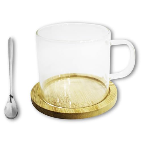 Caneca de Vidro Borossilicato, 250ml, Com Pires de Bambu e Colher, Xícara Grande Para Chá, Café e Cappuccino, Kit Presente na Caixa