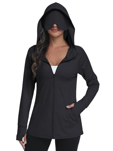 SeSe Code UPF 50+ Hoodie With Eye Mask Womens Zip Up Travel Jackets Lightweight Sleep Sun Protection Shirts Pockets Outdoor Nap Black S