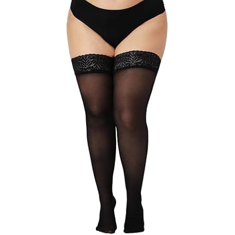 DancMolly Plus Size Thigh High Stockings, Semi Sheer Lace Top Stay Up Pantyhose for Women Cover
