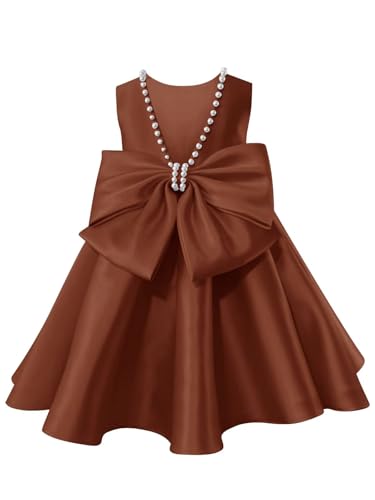 Satin Flower Girl Dresses for Wedding Pearls Bowknot Kids Sleeveless V-Back Princess Pageant Prom Short Ball Gowns