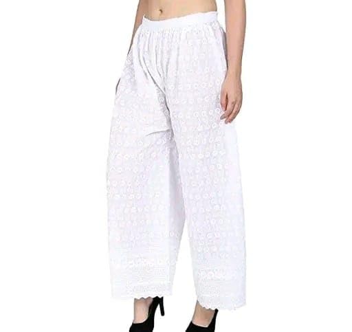 Image of Women's White Cotton Embroidered Palazzo Pants