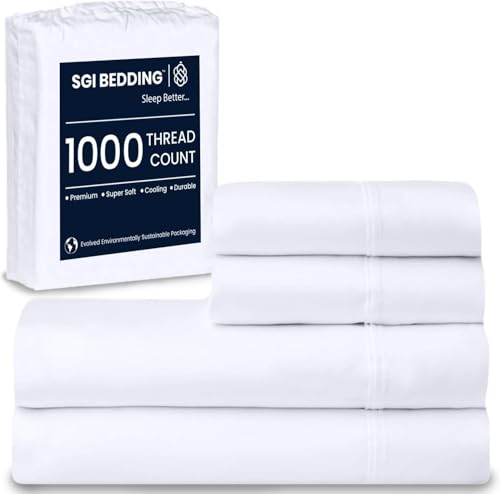 SGI 1000 Thread Count Egyptian Cotton King Sheet Set – Ultra Soft, Deep Pocket 18” Fitted, Breathable & Hotel-Quality,Luxury 4-Piece Premium Bedding Set for Crisp, Durable Comfort – White