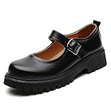 QHH Mary Jane Shoes for Women Black Platform Mary Janes Pumps Comfort Matte Leather Round Toe Non-Slip Ankle Strap Dressy Casual Cute Girls Teens Kawaii Uniform School Trendy Work Shoes US 8.0