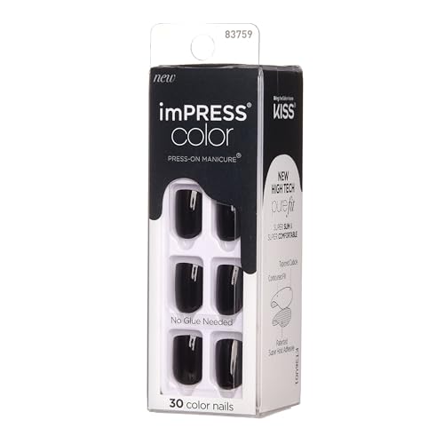 KISS imPRESS No Glue Mani Press On Nails, Color, 'All Black', Black, Short Size, Squoval Shape, Includes 30 Nails, Prep Pad, Instructions Sheet, 1 Manicure Stick, 1 Mini File
