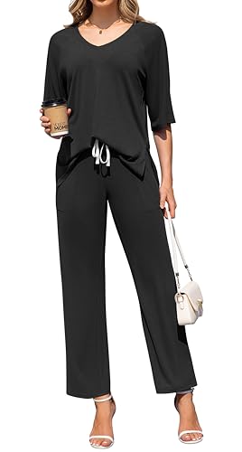 Image of difficort 2 Piece Lounge Sets for Women Summer Outfits Vacation Loungewear | Knit Raglan Short Sleeve Wide Leg pant with Pockets
