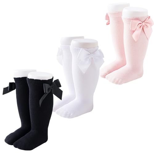 Image of Marchare Baby Girls Knee High Socks Baby Girls Bow Stockings Cotton Uniform Stockings Dress Socks
