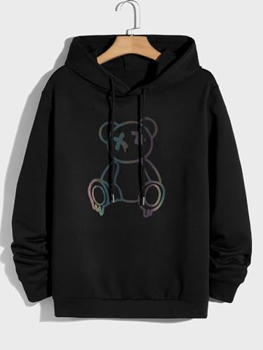 WDIRARA Men's Bear Print Drawstring Hoodie Reflective Drop Shoulder Long Sleeve Pullover Hooded Sweatshirt3