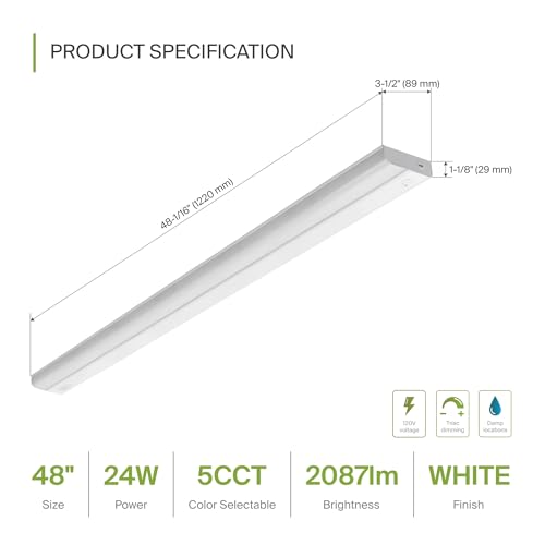 Image of ASD LED Under Cabinet Lighting Hardwired, 48 Inch 24W 2700K-5000K Selectable, 2087LM, CRI90+, Direct Wire Linkable Under Counter Lights for Kitchen, Dimmable Under Cabinet Lights, White, UL, 6 Pack