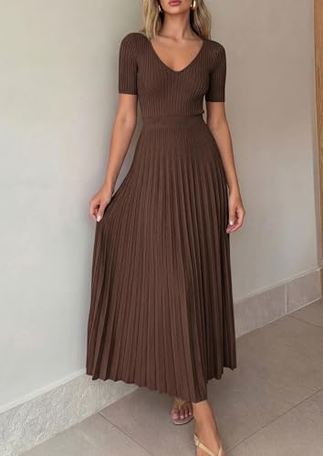 Image of PRETTYGARDEN Women's 2026 Spring Midi Sweater Dresses Elegant Pleated Ribbed Knit Short Sleeve V Neck A Line Summer Outfits