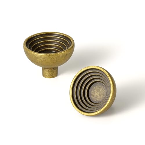 Goo-Ki 6 Pack Antique Brass Cabinet Knobs – Concentric Circle Bowl Design, Vintage Drawer Pulls for Kitchen & Furniture Knob Plus 1-1/2 Inch Diameter