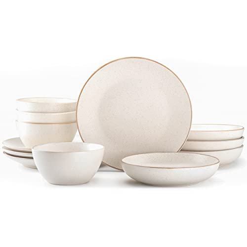 riverside 12-piece dinnerware set for 4 - hand crafted plates and bowls dish set, ceramic stoneware dinner set, microwave & dishwasher safe dishware - oxford white