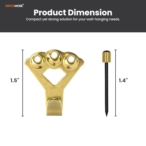 Image of Performore 10 Pack Heavy Duty Decorative Picture Hangers with Nails - Supports up to 100lbs, Gold Wall Hooks with 3 Holes & 30 Nails for Hanging Mirrors, Clocks, Frames, Art, Home Decor