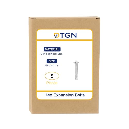 Image of DTGN M8 x 80 Hex Expansion Bolts - 5Pack - Good for Concrete Dry Brick Block Walls - 304 Stainless Steel - Silver