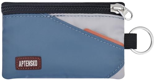 RFID Travel Wallet with Adjustable Lanyard-Zipper Small Wallet with ID Card Holder, Keychain for women&men-Minimalist Slim Waterproof Nylon case for ID, Cash, Key (SlateBlue+Grey)