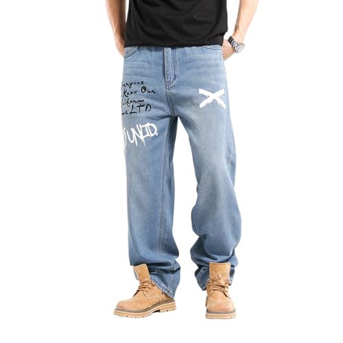 Mens Streetwear Hip Hop Baggy Jeans Graffiti Print Wide Leg Skater Denim Pants