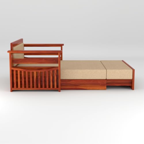 Image of Solid Sheesham Wood Sofa Cums Bed with Mattress & Storage | Rosewood Convertible Sofa Bed for Living Room & Bedroom (F-Honey Finish, 2 Seater)