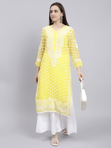 Image of Seva Chikan Hand Embroidered Lucknowi Chikankari Straight Regular Fit Georgette Women's Kurta with Inner Slip SCL4372