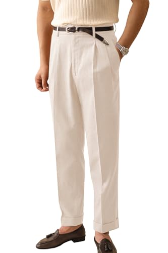 Men's Linen Dress Pants Vintage Relaxed Fit Straight Legs Business Formal Slacks Pants, Beige, 34W x 32L