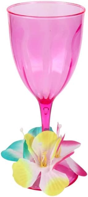 Doche JF- Plastic Floral Luau Wine Goblets, 13.9 oz, (Set of 4) Green, Orange, Blue, and Pink, Large