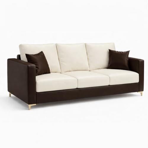 Image of Hayes Dual Tone Premium Leatherette 3 Seater Sofa | Golden Aesthetic Legs | Spacious Soft Touch Comfort Seating | Modern Sofa for Living Room (Brown & Cream)