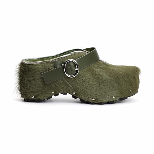 Image of XOBZJH Women's Natural Cow Print Fur Platform Clogs with Decorative Zipper & Adjustable Buckle Strap - Western Slip-On Punk Rivet Mules with Arch Support, Chunky Retro Rustic Style