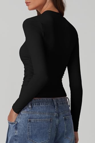 QINSEN Long Sleeve Square Neck Tops for Women Double Lined Side Ruching Going Out Shirts Basic Tee2